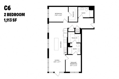 Floor plan for 2 beds, 2 baths, 1113 sqft